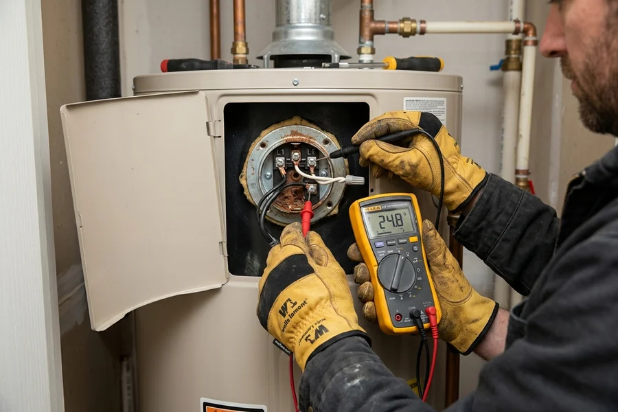 Testing electric water heater heating element resistance with multimeter
