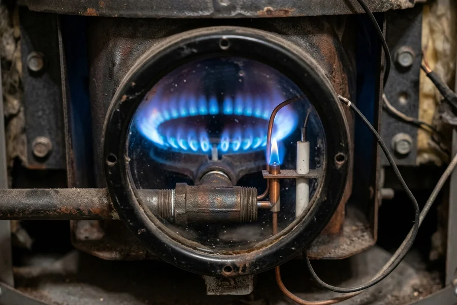 Gas water heater burner assembly and flue draft inspection