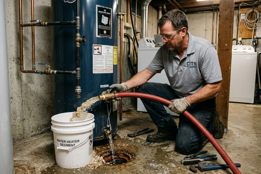 Flushing hard water calcium sediment from water heater drain valve