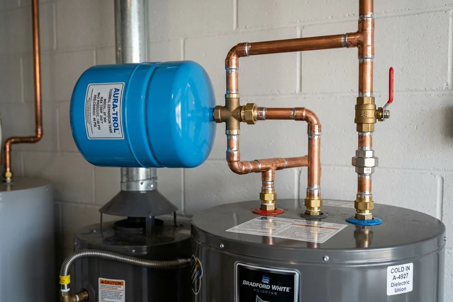Code compliant water heater installation in modern basement mechanical room