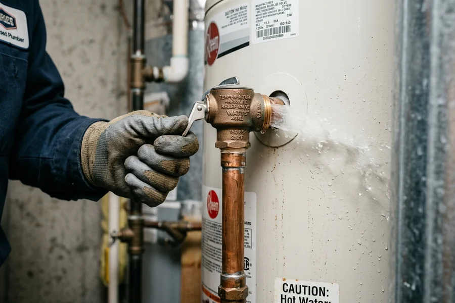 Temperature and pressure relief valve (T&P valve) safety test with copper drop pipe