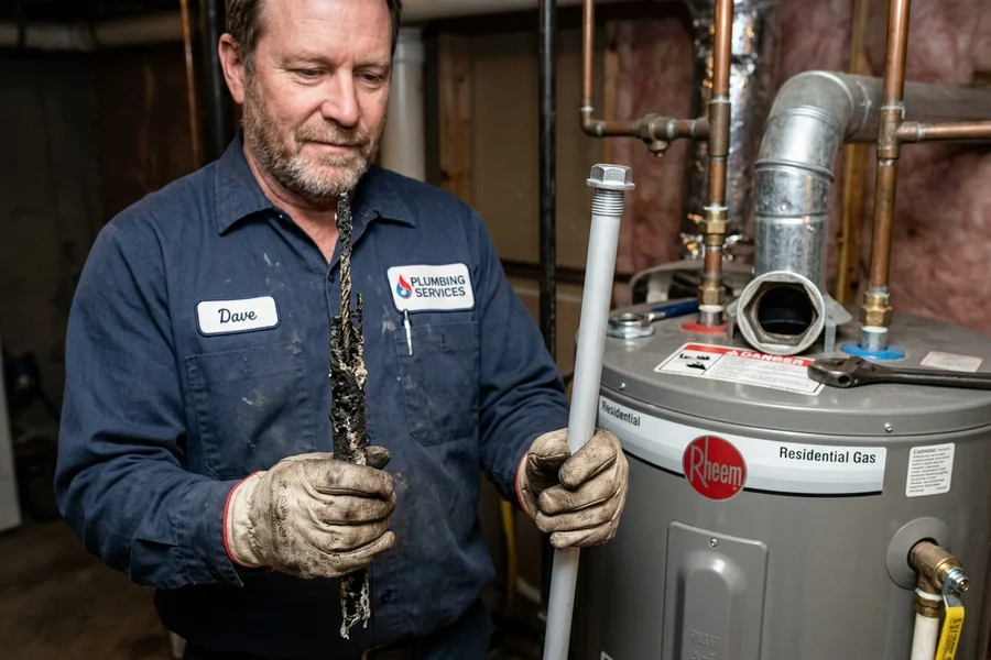 Corroded sacrificial magnesium anode rod compared to brand new replacement rod for water heater