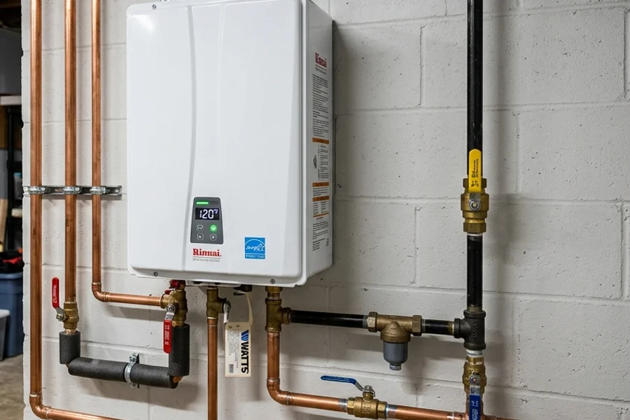 Tankless water heater digital control panel set to 120 degrees with brass service valves