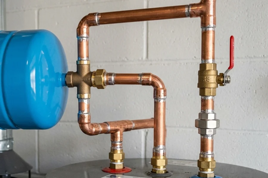 Dielectric union fittings installed between galvanized water heater tank and copper plumbing