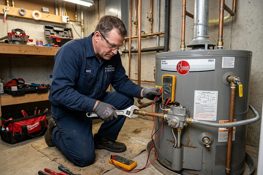 Licensed plumber repairing domestic water heater in Idaho Falls